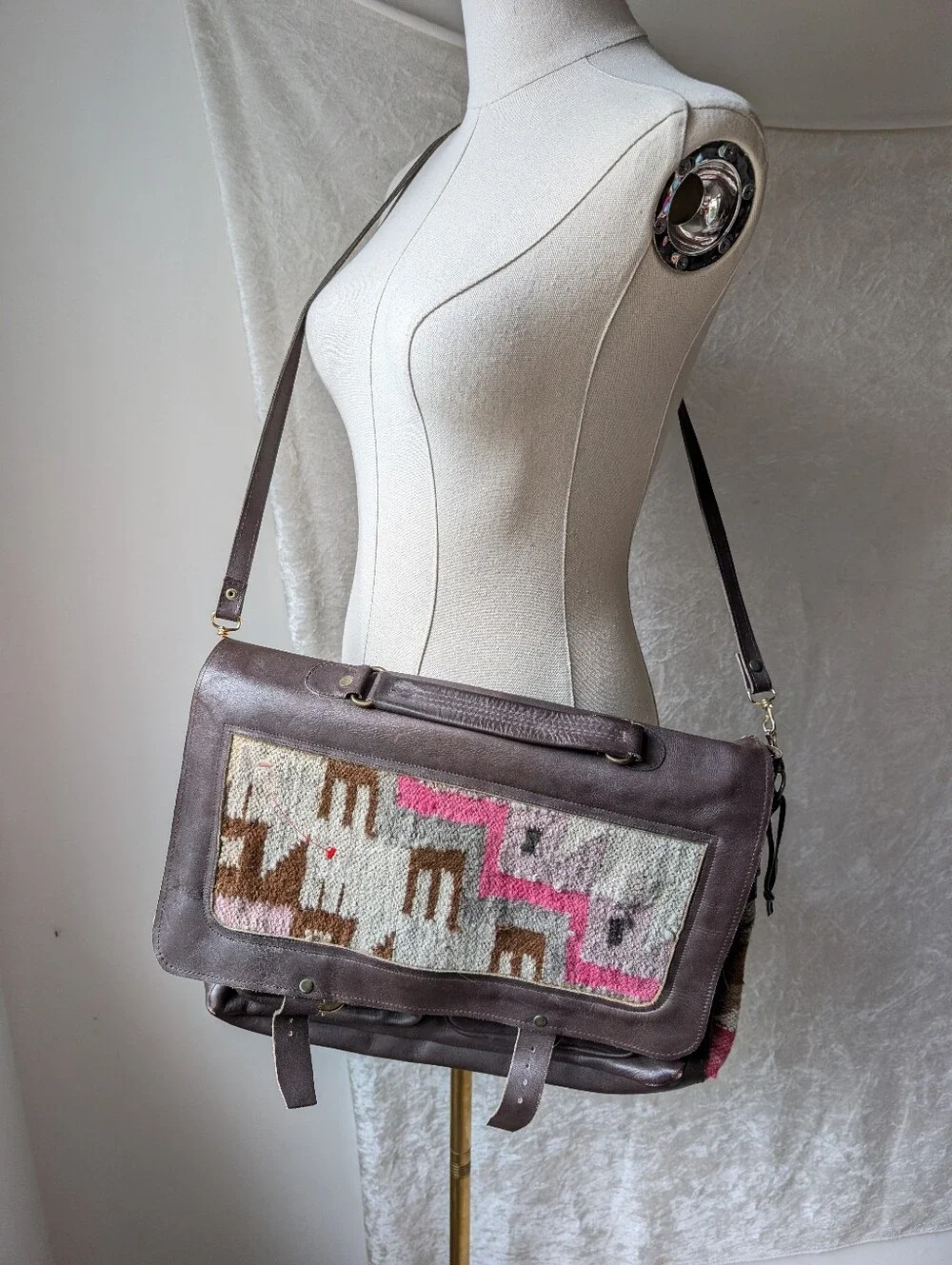Handmade Peruvian Real Leather Woven Textile Briefcase Book Messenger Bag
